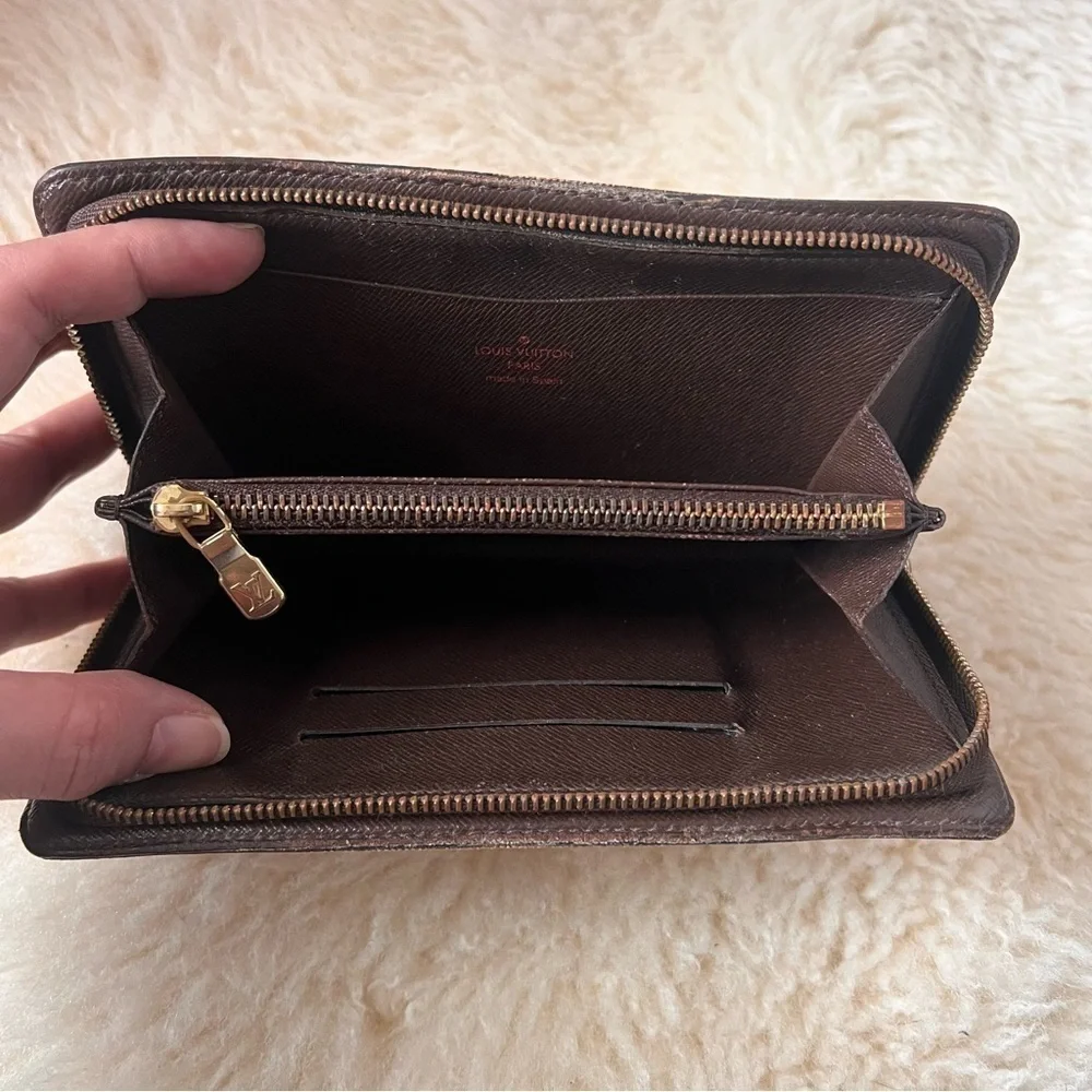 Louis Vuitton Damier Ebene Long Wallet Zip Brown Leather Canvas Authentic